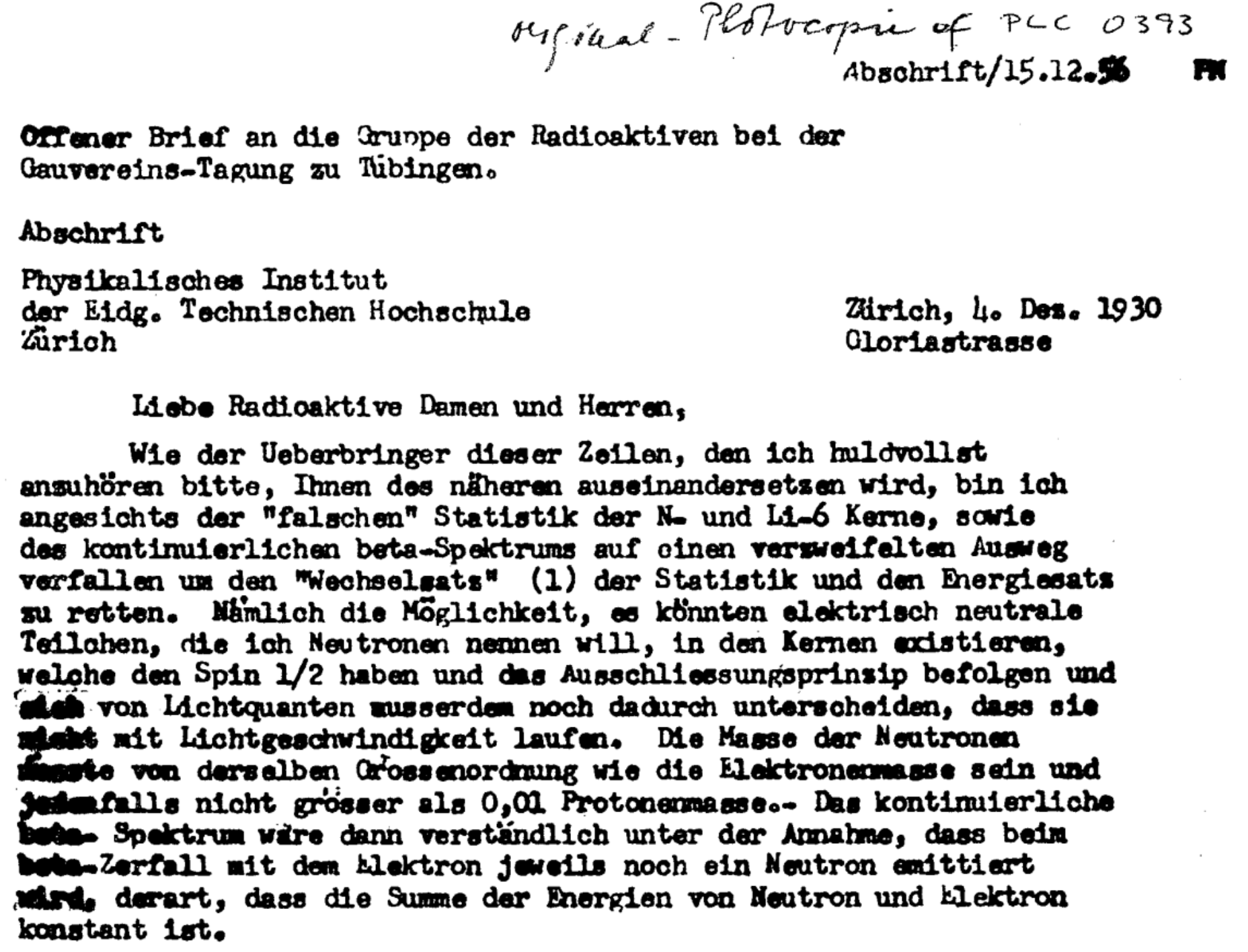 Pauli neutrino letter